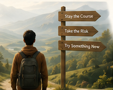 A calm decision path landscape with a traveler at a crossroads